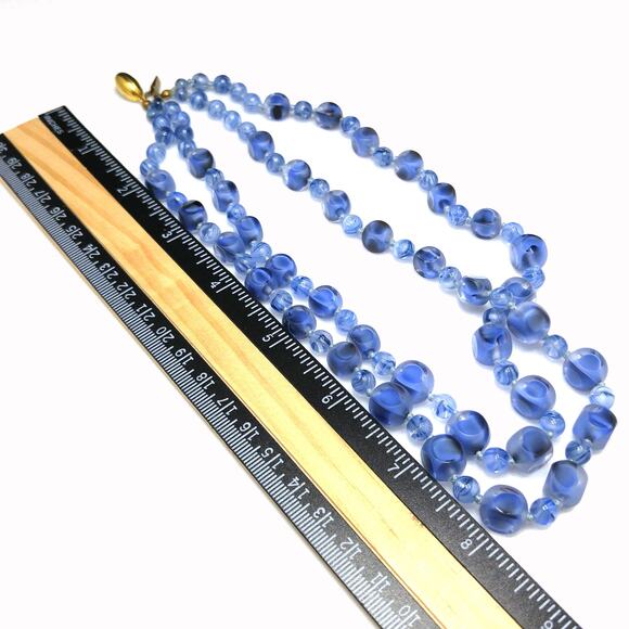 Vintage 1950s Blue Glass Beaded Necklace Double Strand Square Round Beads 18" - Picture 5 of 10